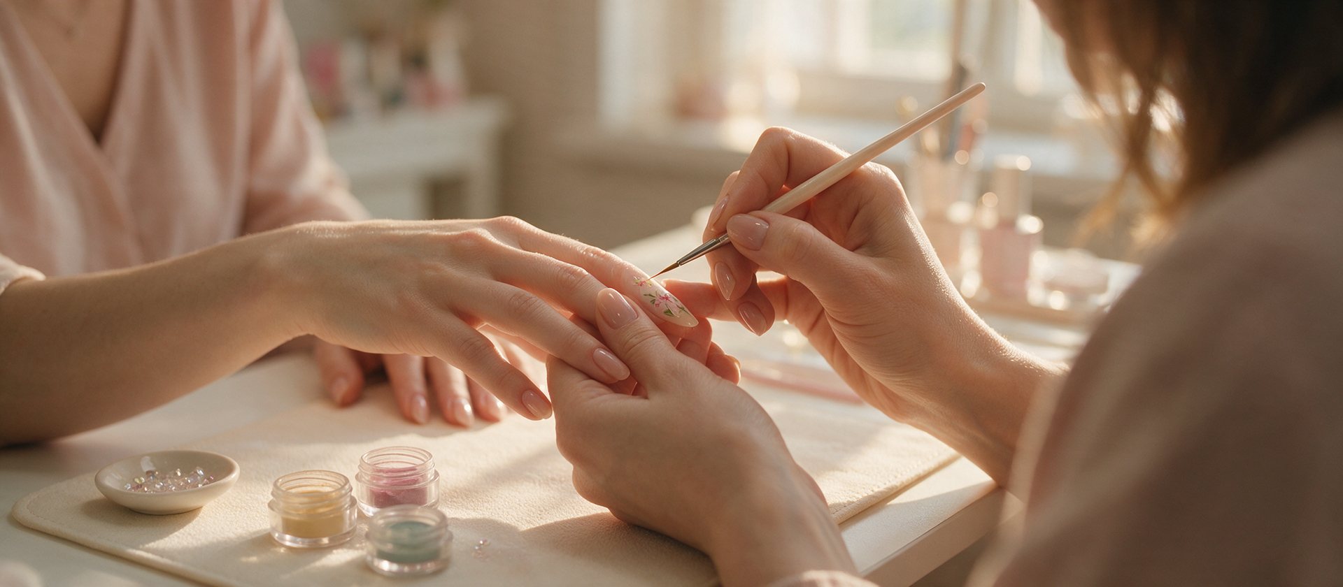 A nail artist painting a fine floral detail onto a client's nail with a thin brush, pigment pots on an ivory work mat