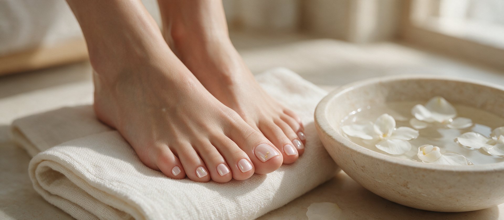 Groomed toes in pearlescent milk pink on an ivory towel beside a stone bowl of water with floating orchid petals