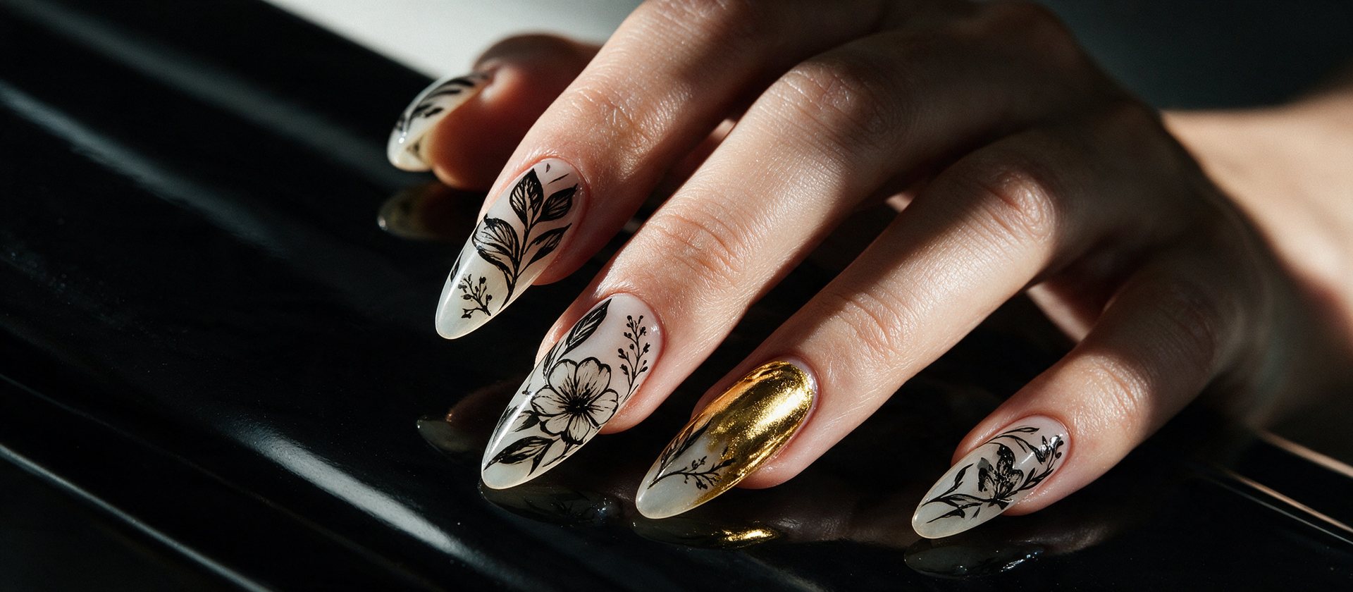 Stiletto nails painted with hand-inked black botanical linework and one liquid gold chrome accent nail, on a glossy black surface