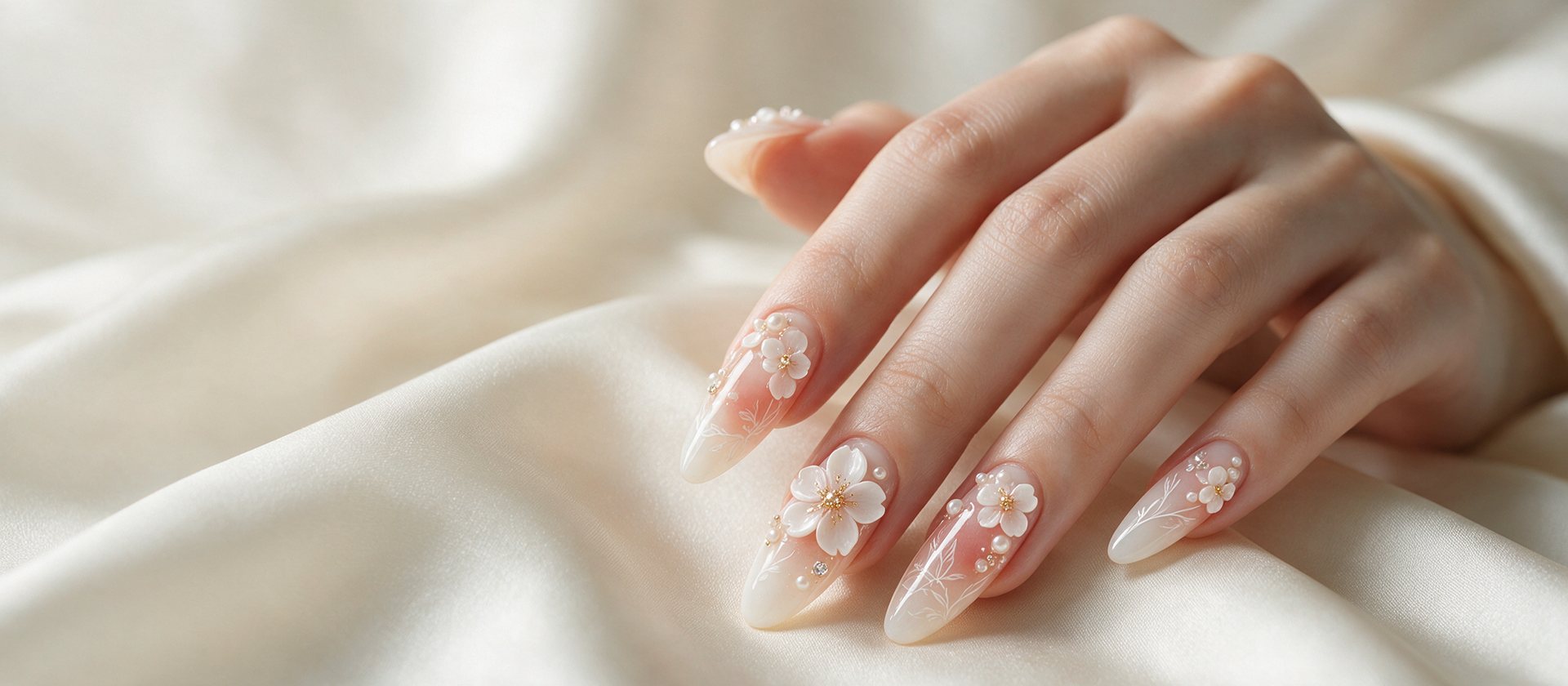 Long almond nails with hand-sculpted white cherry blossoms, gold centres and seed pearls over a milk to blush base, resting on ivory silk