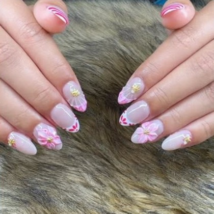 Pink 3D cherry blossoms with gold centres over a soft swirl base